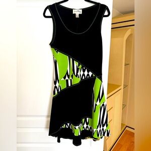Joseph Ribkoff Black and Green Asymmetrical Ruffled Sleeveless Dress
